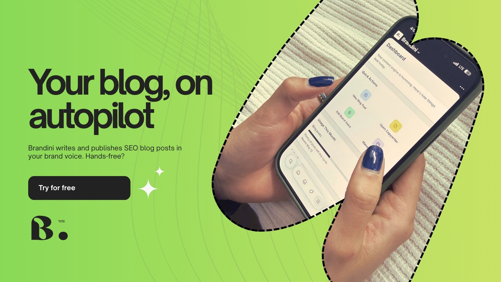 Brandini autopilot calendar showing scheduled blog posts queued for a Shopify store