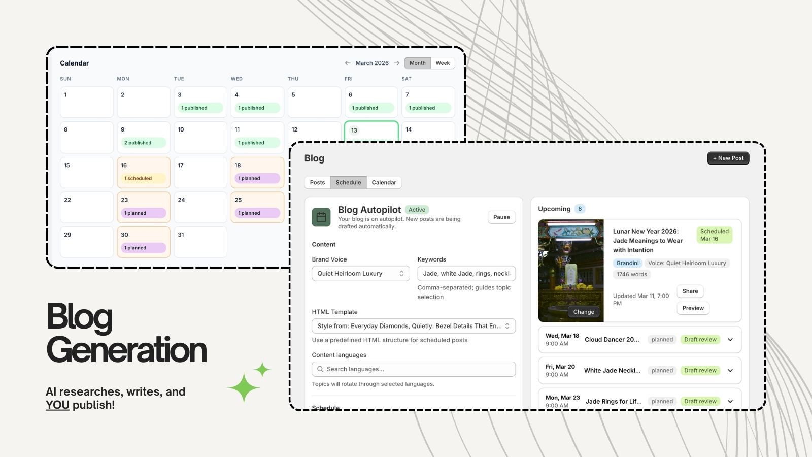 Brandini blog post generation flow showing keyword research and a draft post structured for SEO