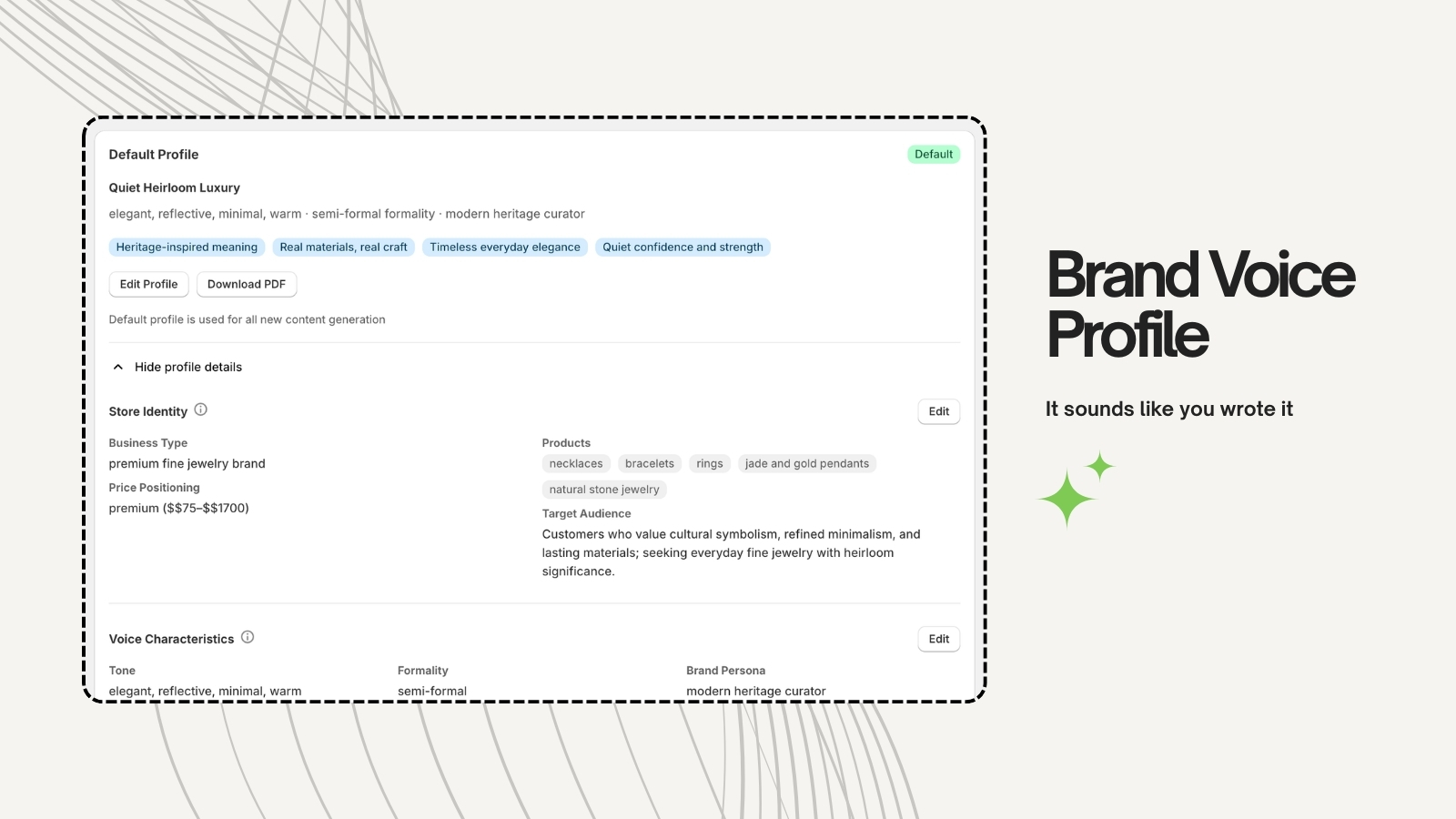 Brand voice extraction profile in the Brandini Shopify admin, showing voice characteristics derived from store copy